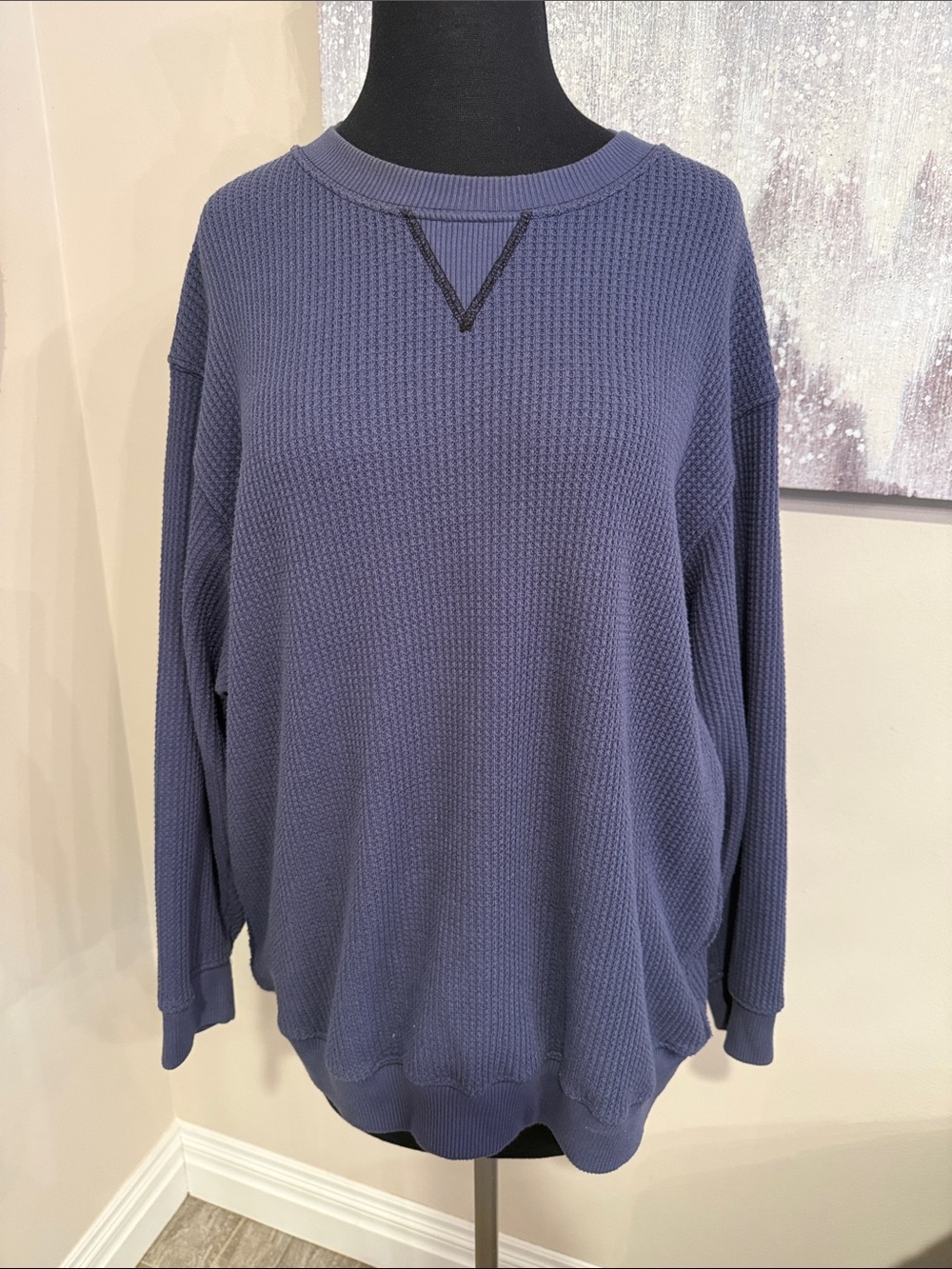 Aerie Casual Waffle-Knit Crewneck Sweater — Blue - Medium